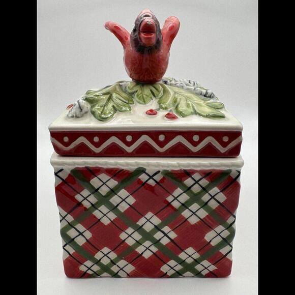 FITZ AND FLOYD Christmas "Winterberry" Plaid W/Cardinal Lidded Trinket Box - Picture 2 of 8